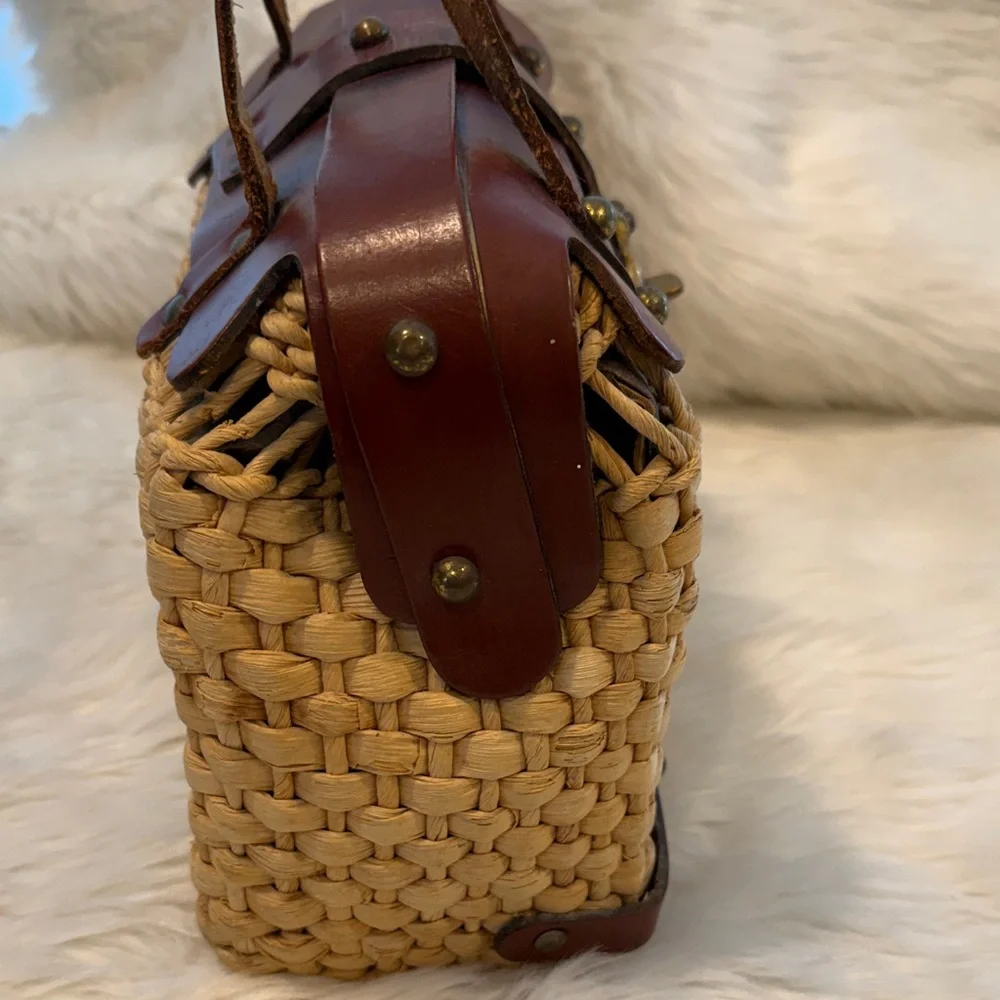 Vintage Straw Basket Handbag Leather Top Handle Metal Detail Cottagecor